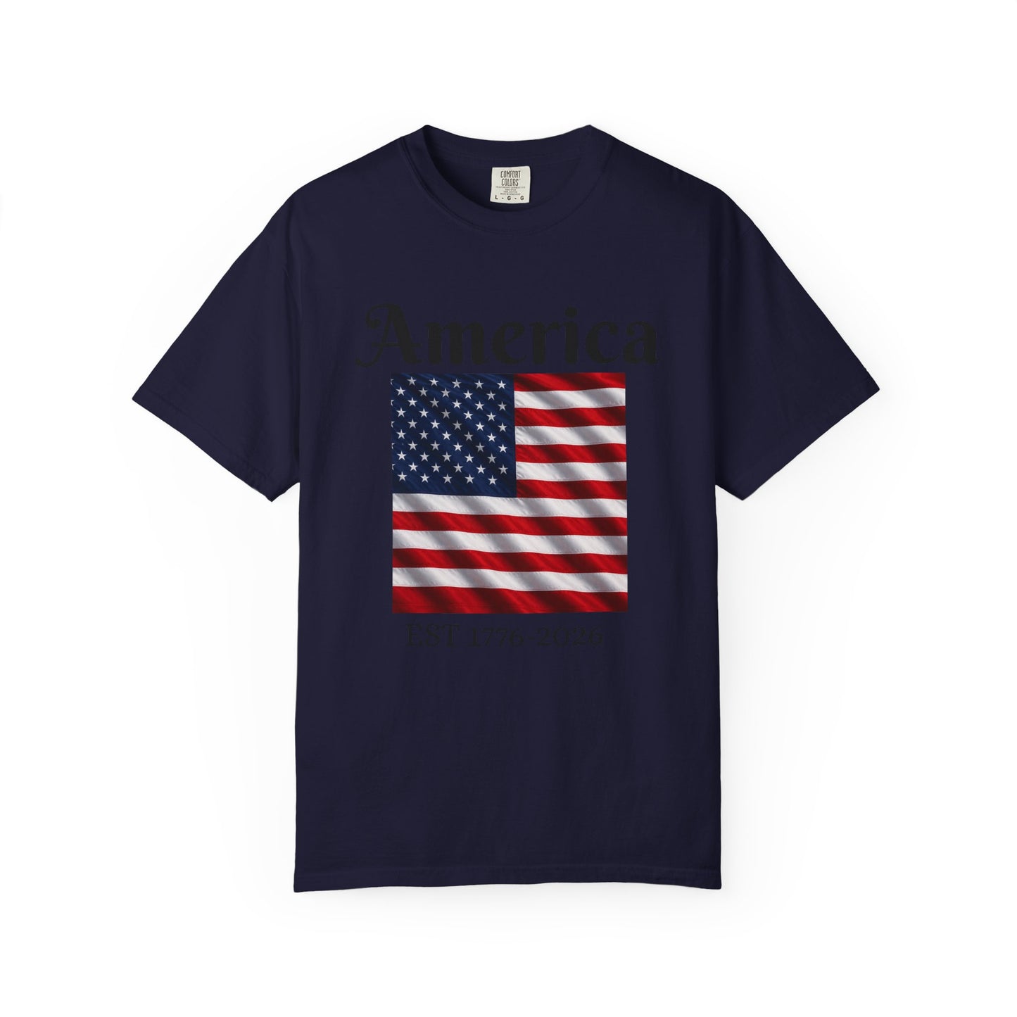 Navy T-shirt with “America” over US flag and “EST 1776-2026” graphic on front