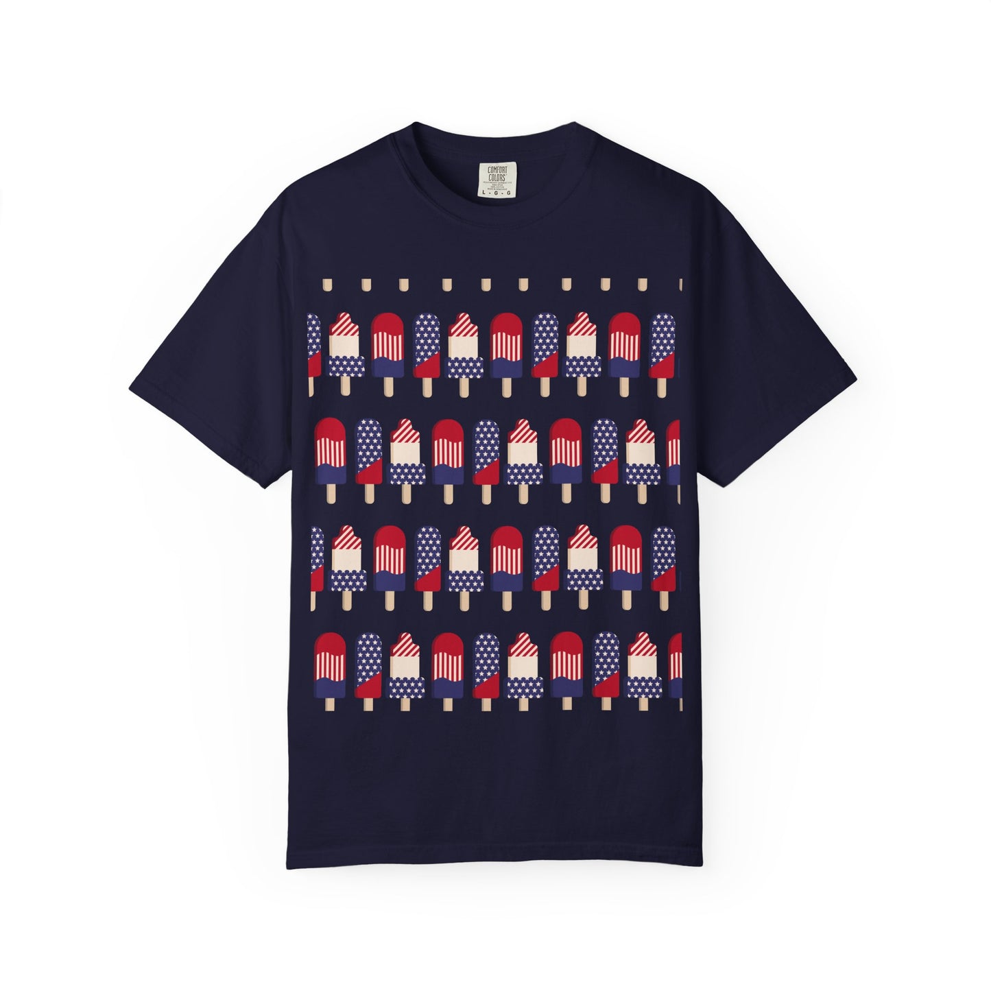 Navy T-shirt with popsicle-themed American flag graphic across the chest