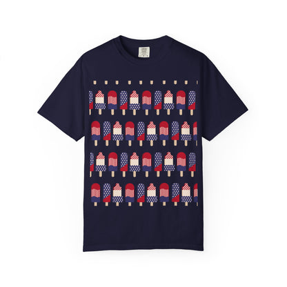 Navy T-shirt with popsicle-themed American flag graphic across the chest