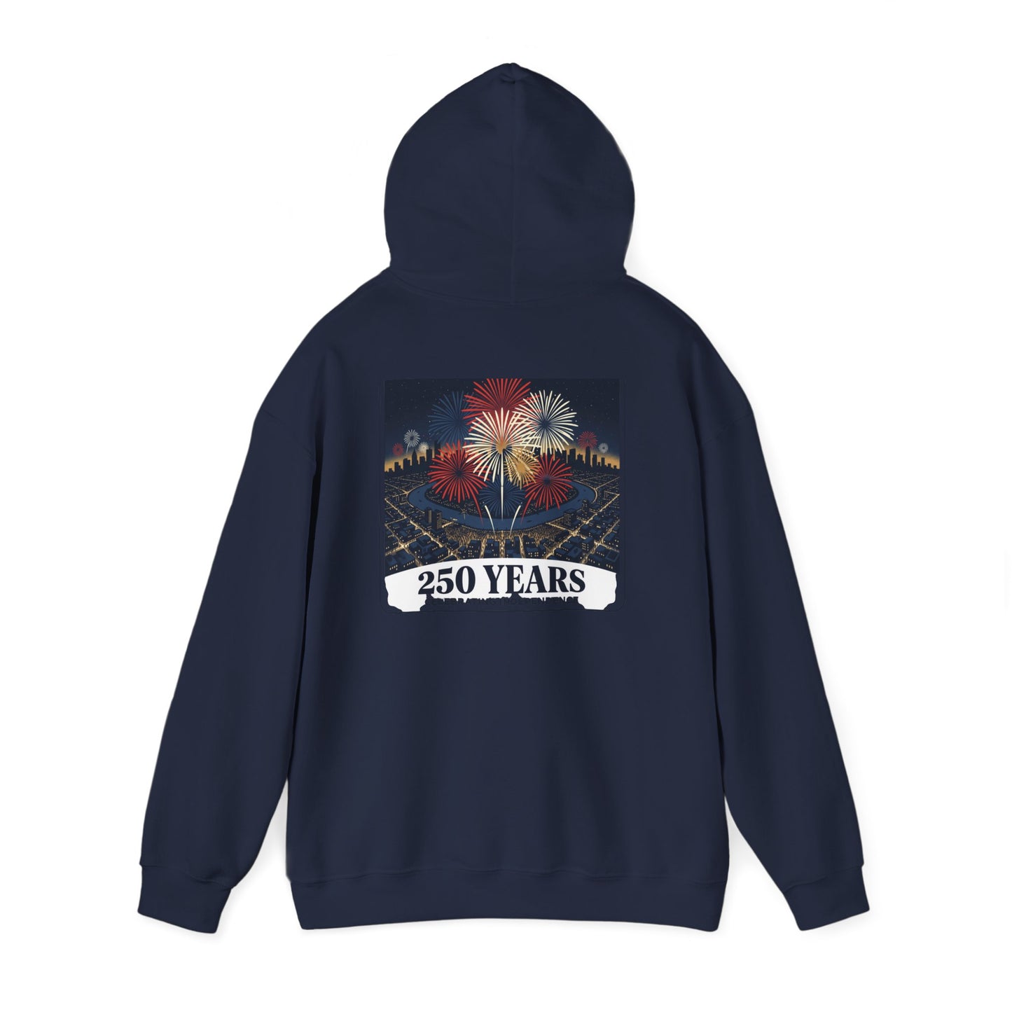 Navy hoodie with back eagle fireworks graphic and "250 YEARS" label
