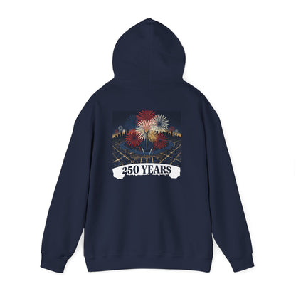 Navy hoodie with back eagle fireworks graphic and "250 YEARS" label