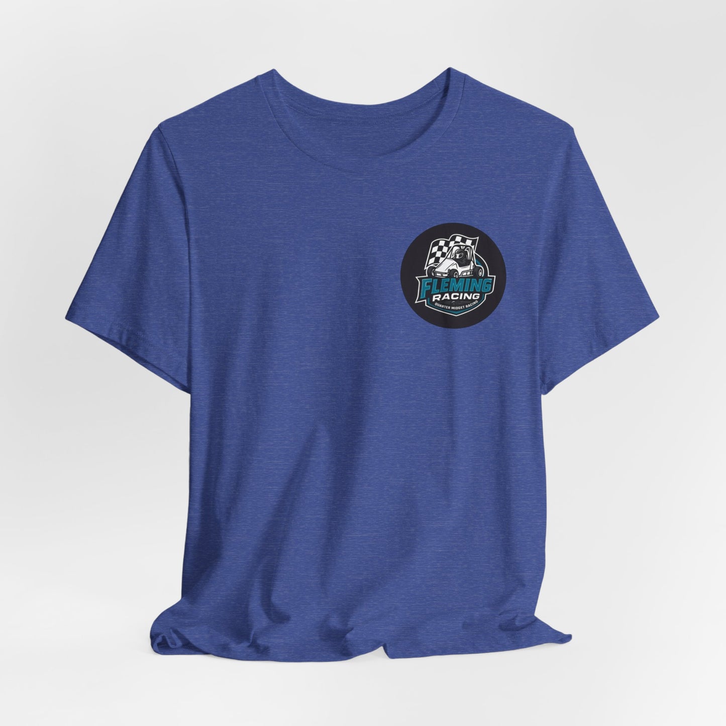 Blue racing logo T-shirt with small circular emblem on the chest