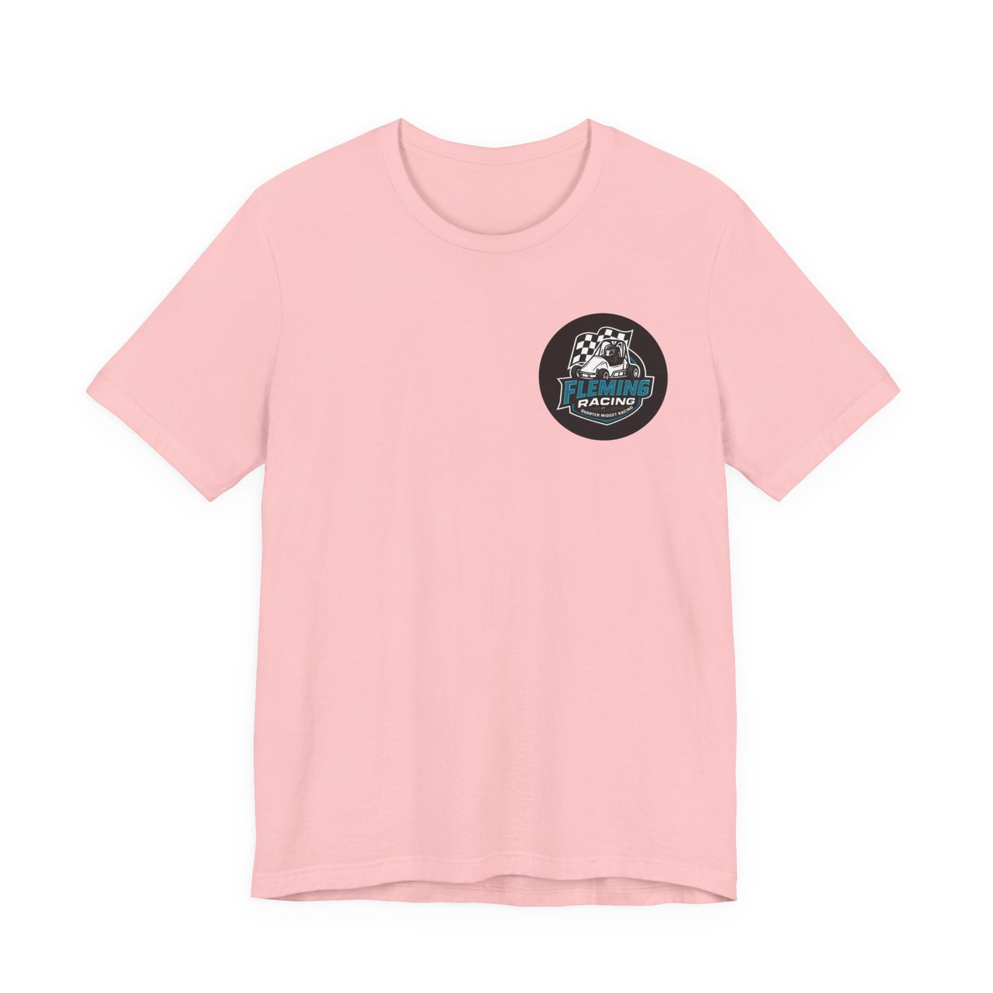 Light pink crewneck racing logo T-shirt with small circular emblem on the chest.