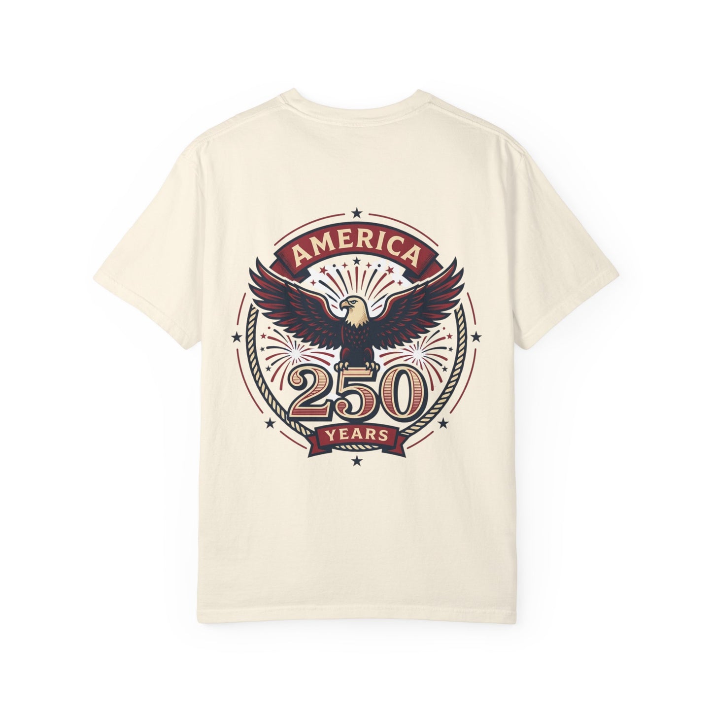 Ivory crewneck T-shirt with circular eagle "America 250 years" back graphic