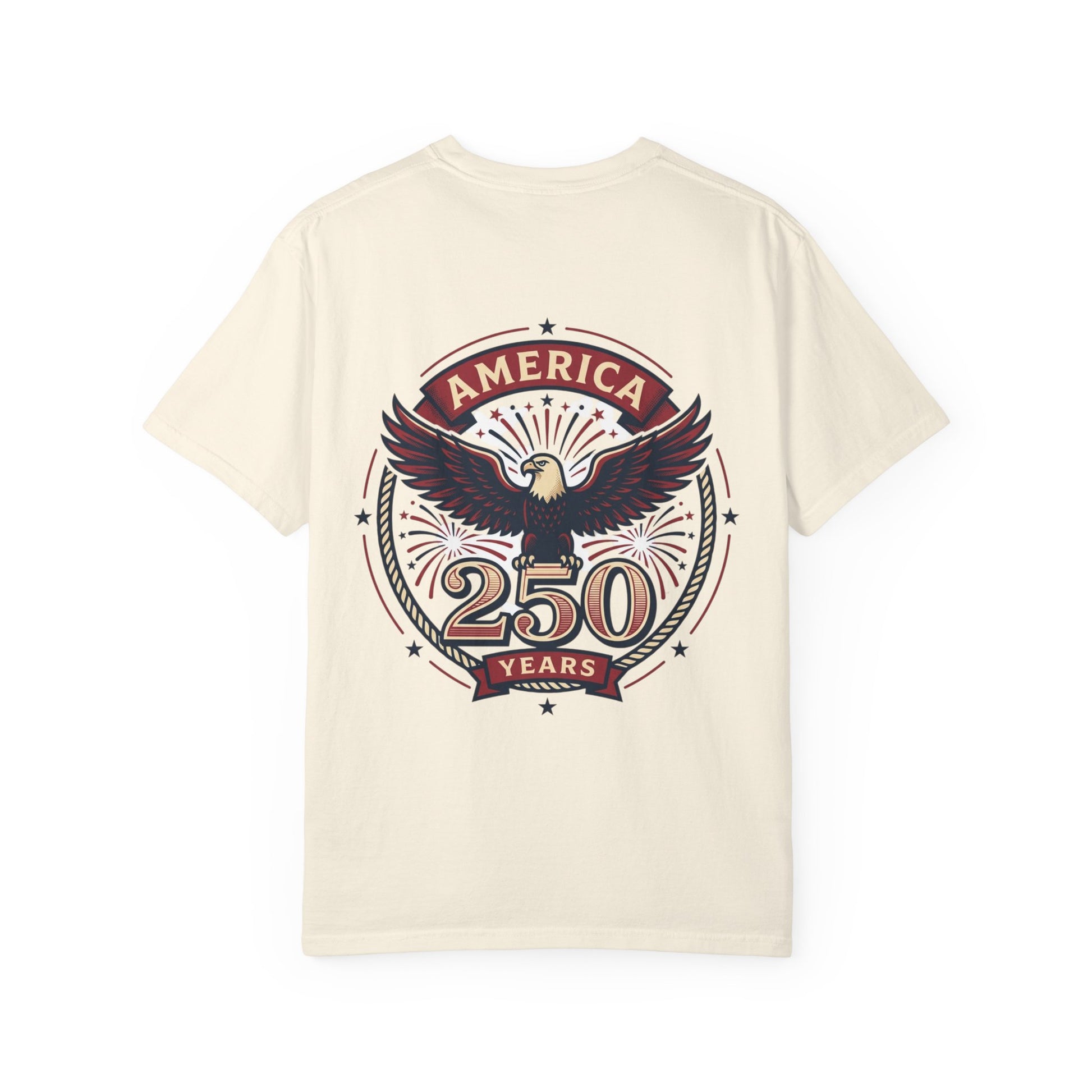 Ivory crewneck T-shirt with circular eagle "America 250 years" back graphic