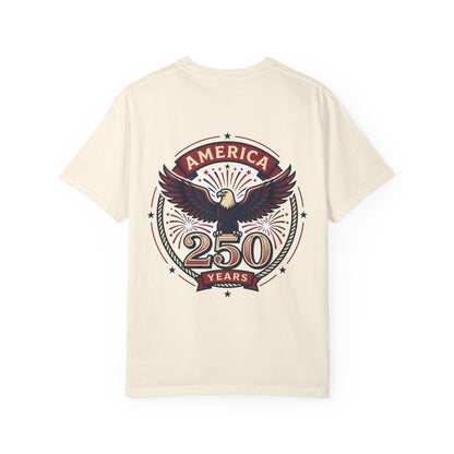 Ivory crewneck T-shirt with circular eagle "America 250 years" back graphic
