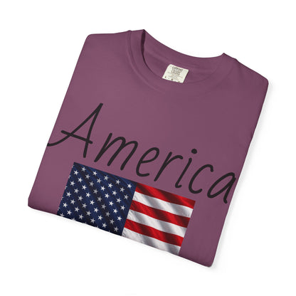 Burgundy unisex T-shirt with 'America' script and US flag graphic on front