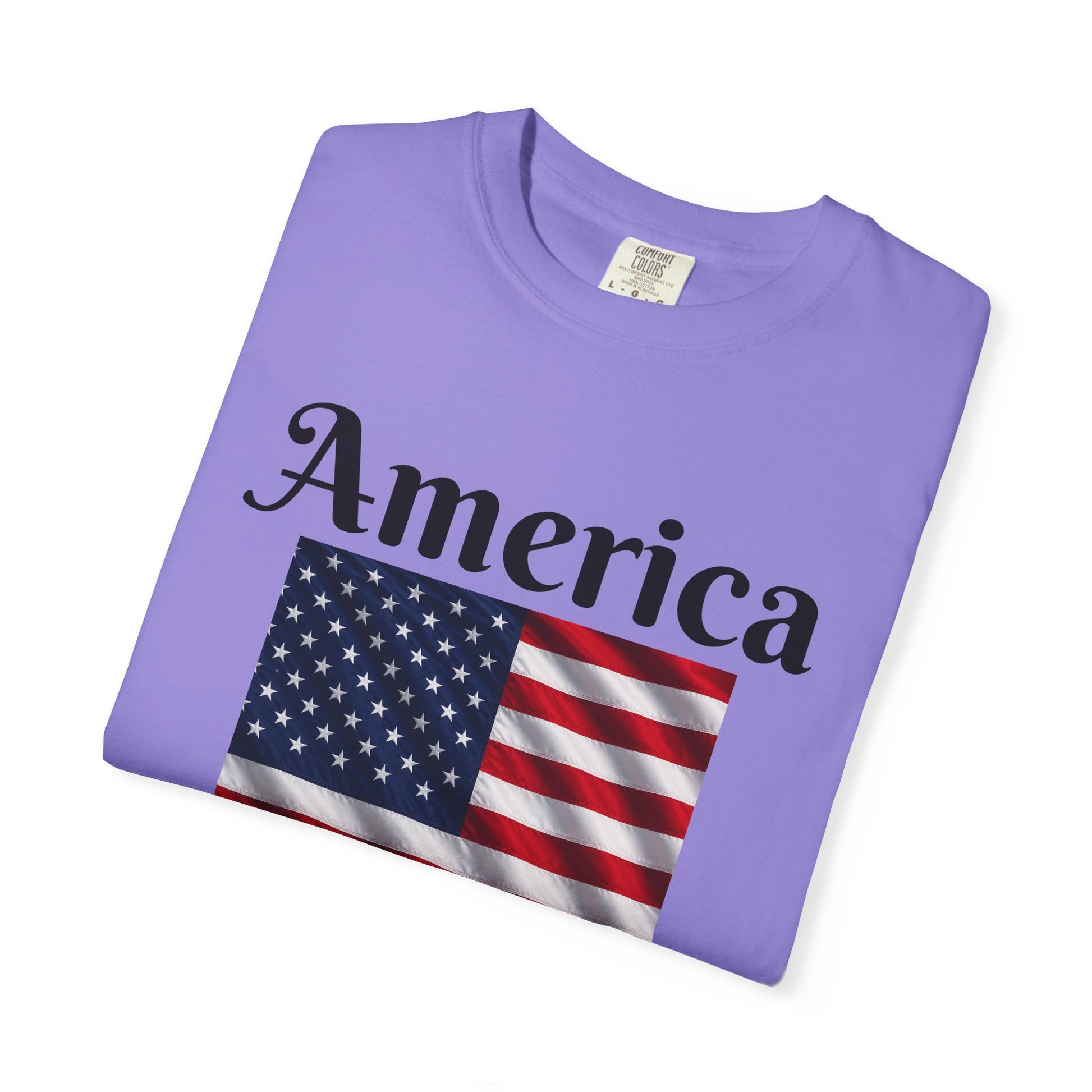 Purple T-shirt with America flag square graphic and large 'America' lettering