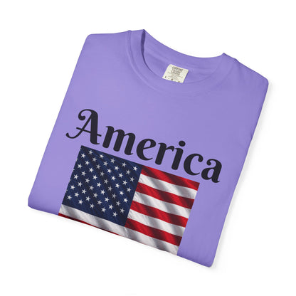 Purple T-shirt with America flag square graphic and large 'America' lettering