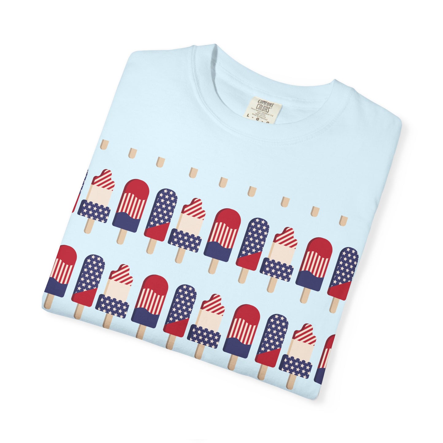 Light blue T-shirt with front graphic of American flag popsicles in a row.