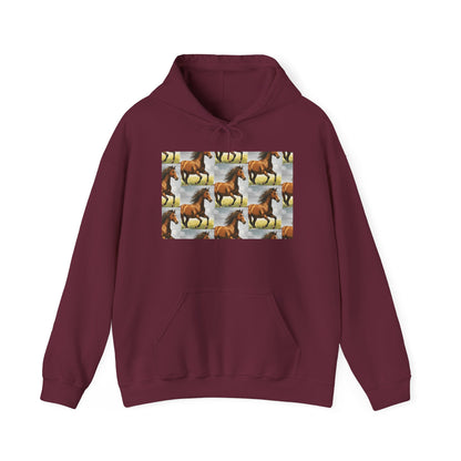 Maroon horse-pattern hoodie with front pouch and drawstring hood