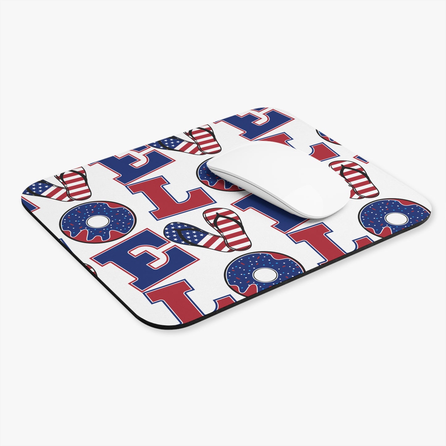 Rectangular patriotic mouse pad with red blue white donut and flip-flop pattern
