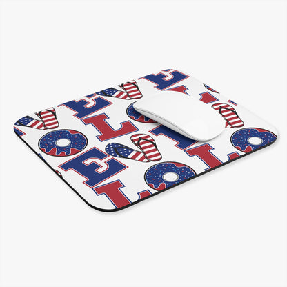 Rectangular patriotic mouse pad with red blue white donut and flip-flop pattern