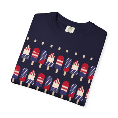 Navy T-shirt with American flag popsicle graphic and small cone-shaped accents