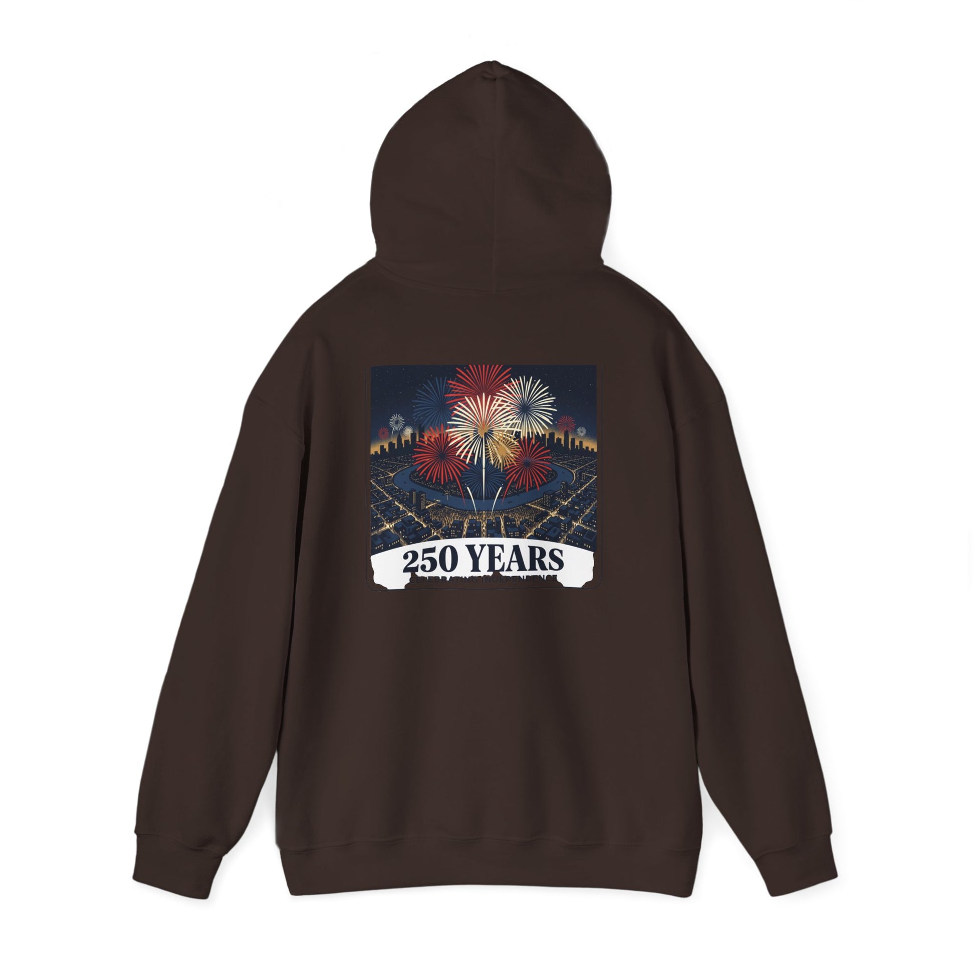 Dark brown hoodie with “250 Years” fireworks graphic centered on back