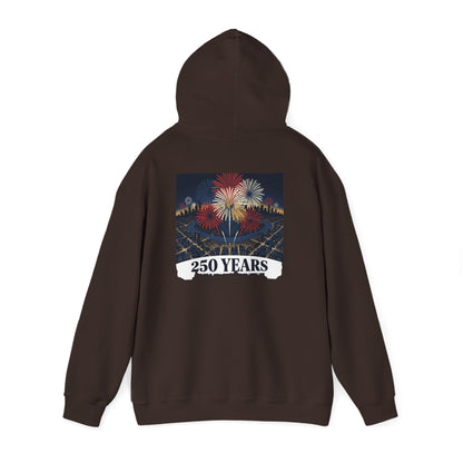 Dark brown hoodie with “250 Years” fireworks graphic centered on back