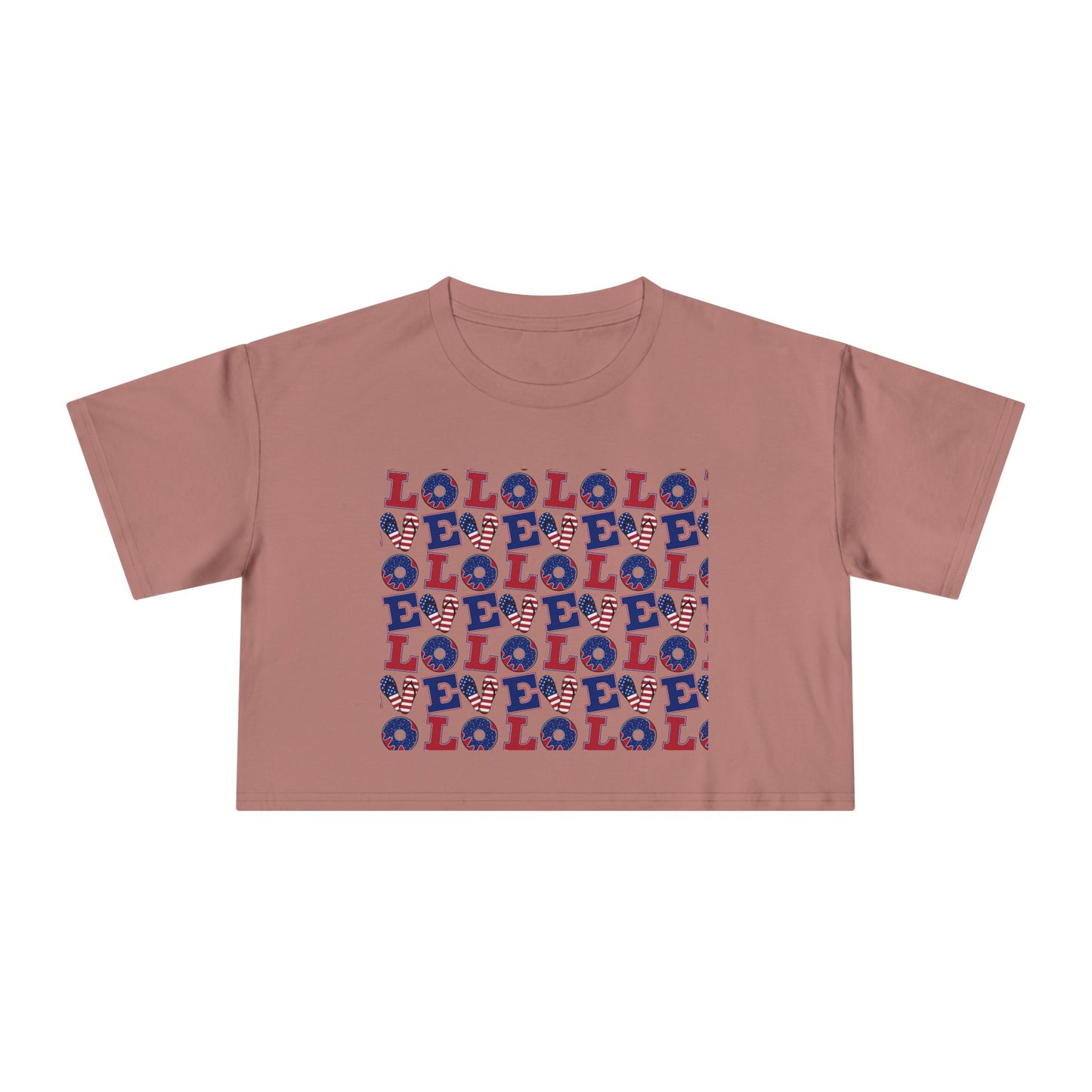 Rose graphic crop tee with multicolor “LOL” block print