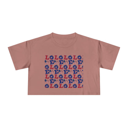 Rose graphic crop tee with multicolor “LOL” block print