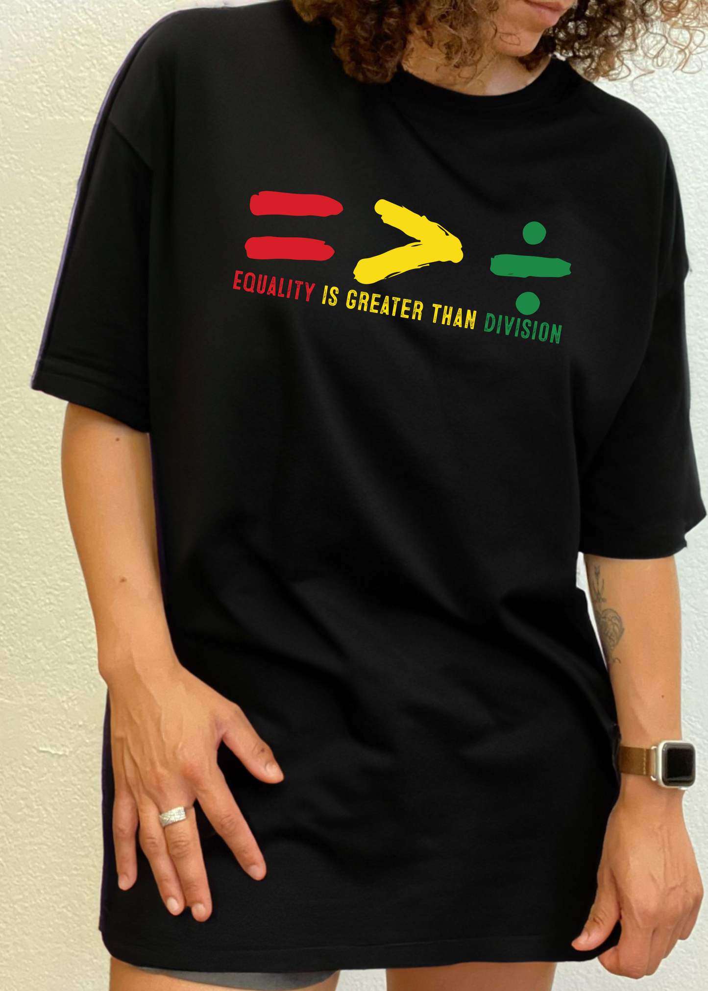 Unisex black graphic t-shirt with multicolor Equality slogan and symbol print on front