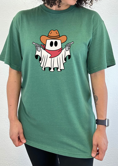Men's green graphic T-shirt with cowboy ghost face and revolver print on front.