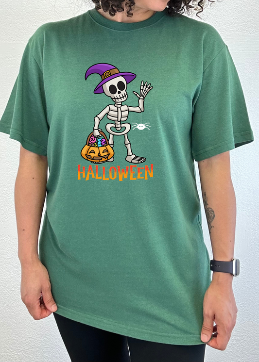 Green unisex T-shirt with short sleeves and cartoon skeleton Halloween graphic on chest