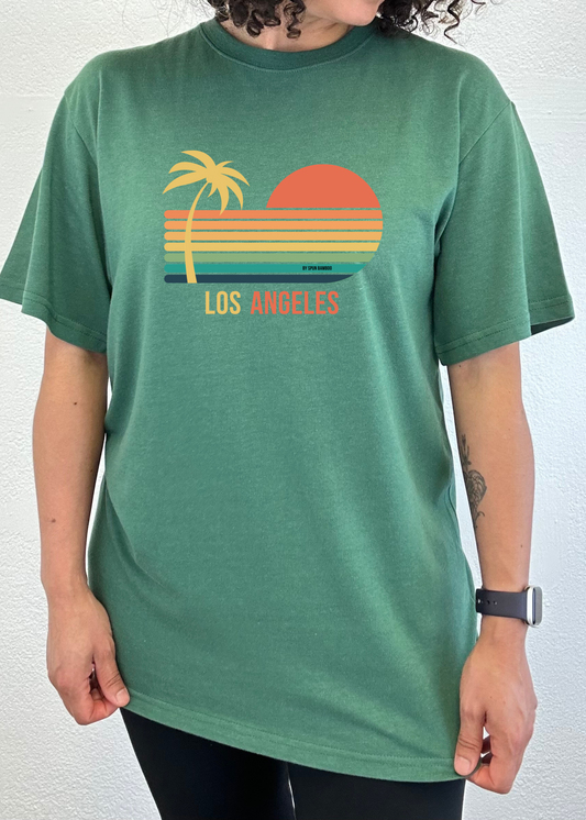 Green unisex graphic short-sleeve T-shirt with palm, sunset, and “Los Angeles” print