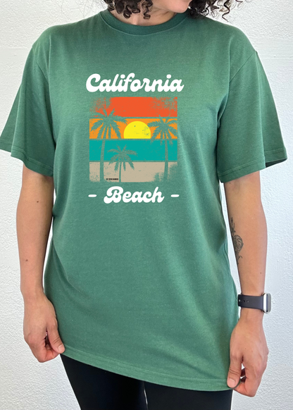 Unisex graphic T-shirt, teal green with 'California Beach' palm print