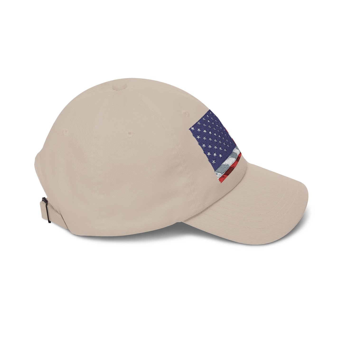Khaki dad cap with distressed American flag patch on the side