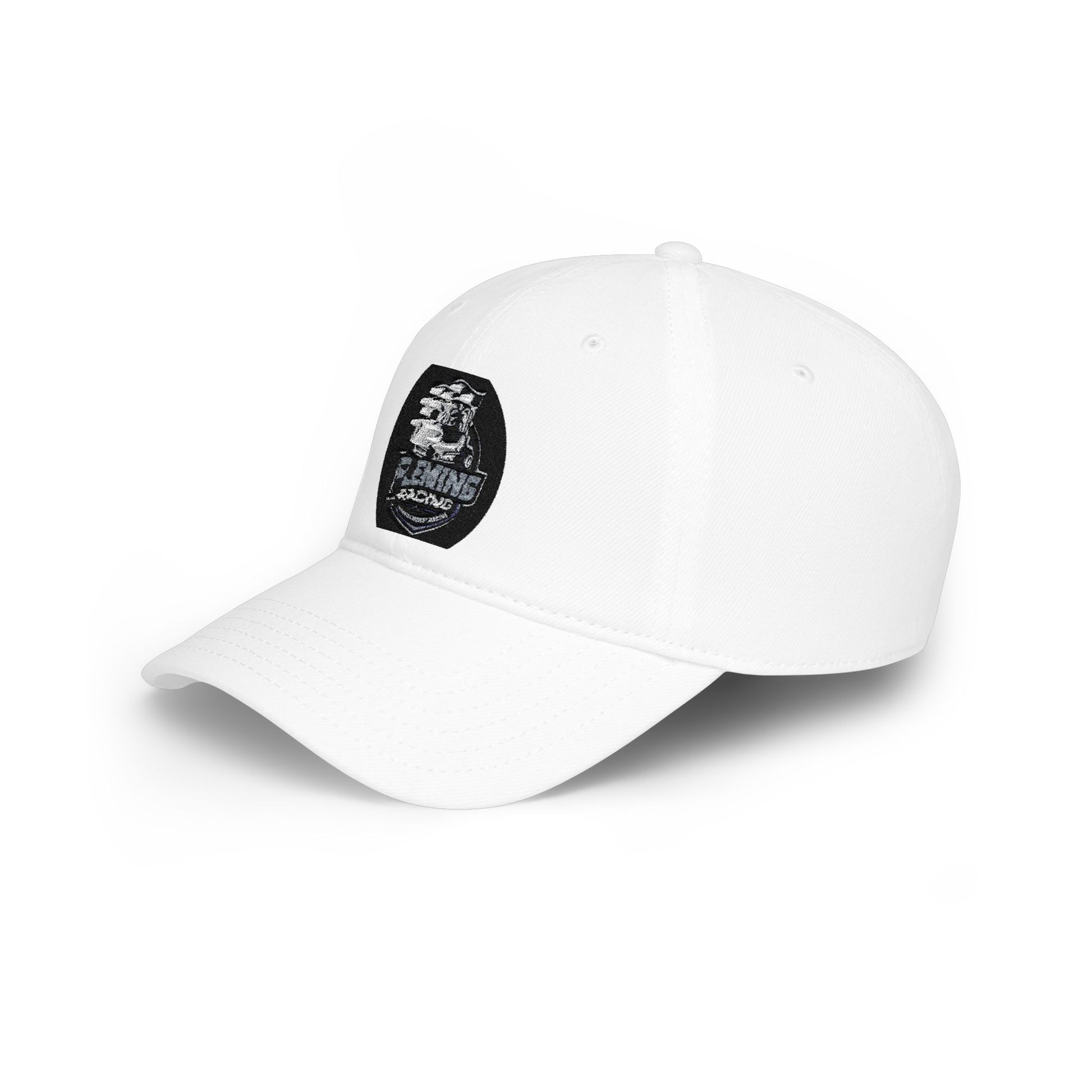 White baseball cap, front view with embroidered racing logo patch