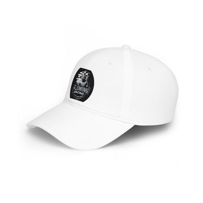White baseball cap, front view with embroidered racing logo patch