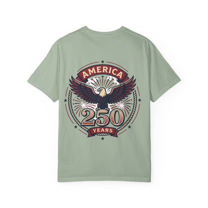Unisex graphic T-shirt, sage green with vintage eagle “America 250 Years” emblem