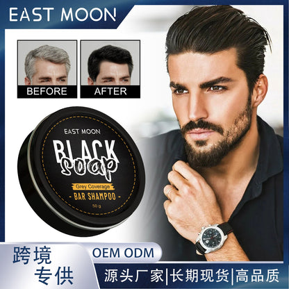 Men's black hair soap bar in round black tin, 50 g