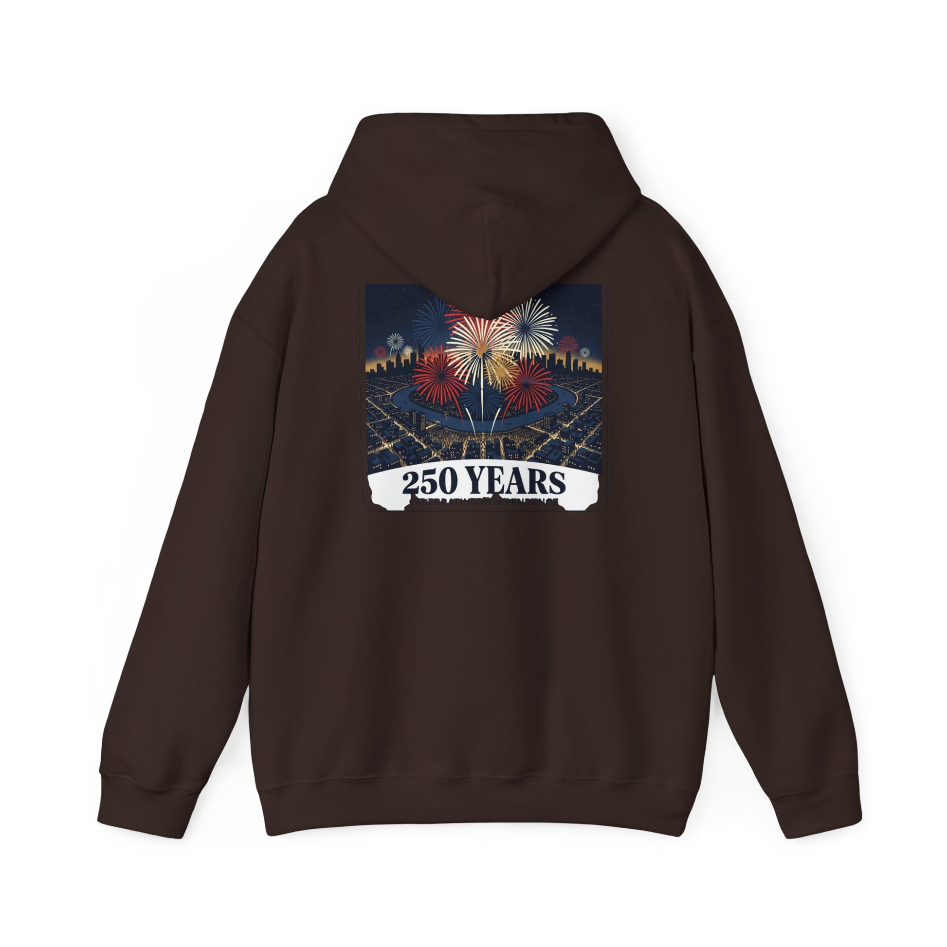 Dark brown hoodie with “250 Years” fireworks graphic on back