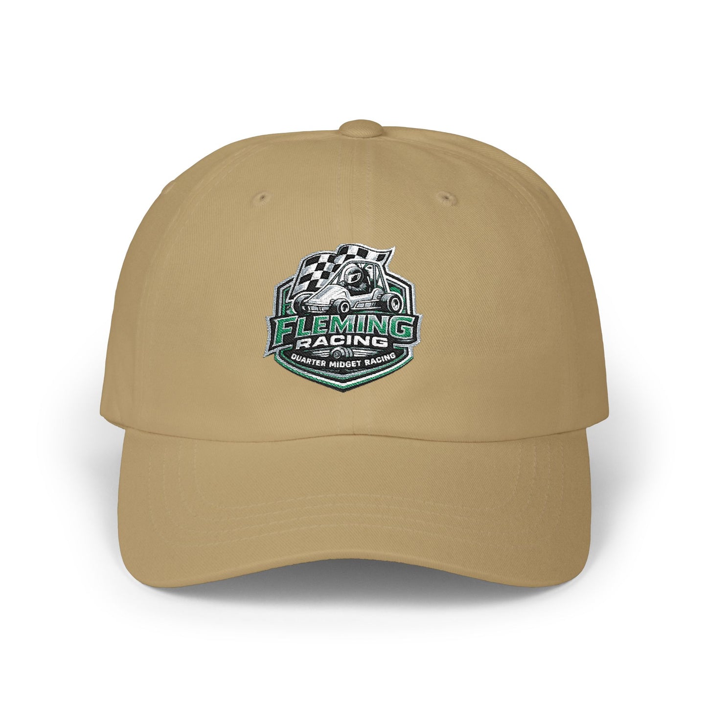 Khaki soccer crest dad cap with Fleming Racing logo on front