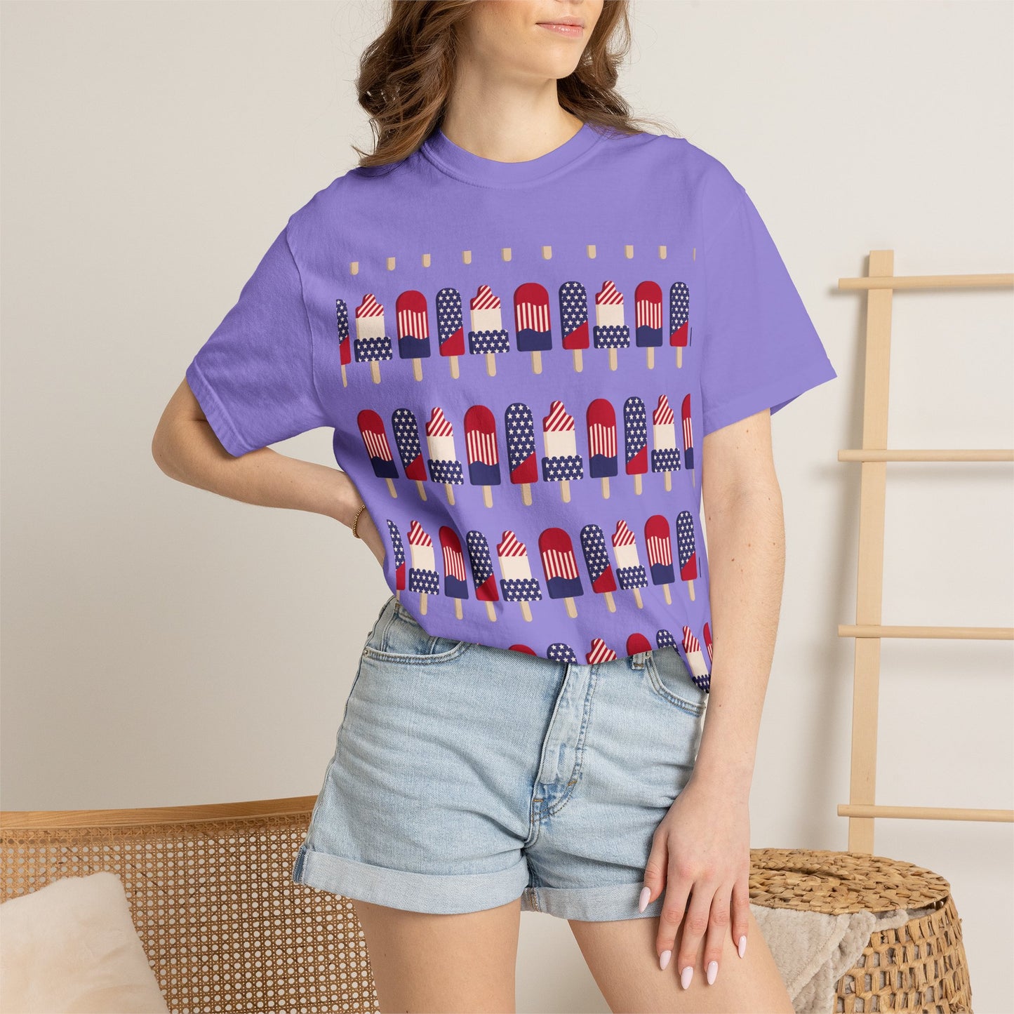 Lavender graphic T-shirt with red, white, and blue popsicle flag prints