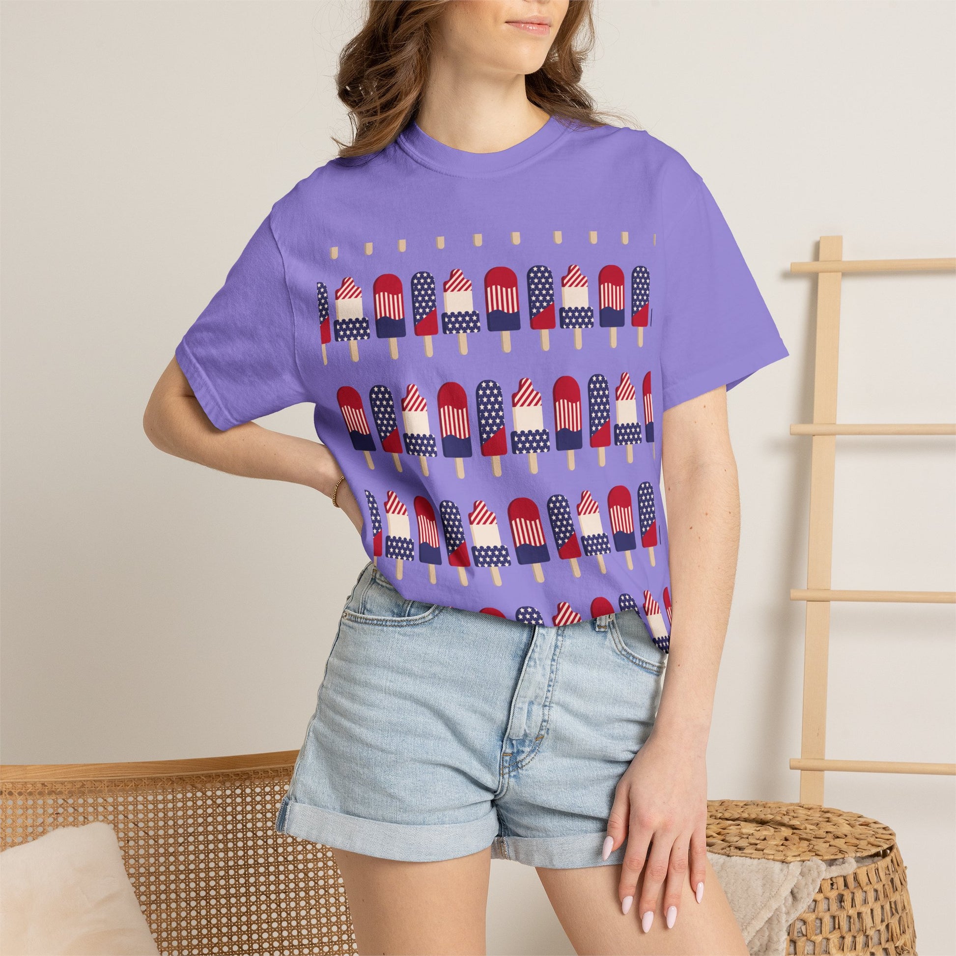 Lavender graphic T-shirt with red, white, and blue popsicle flag prints