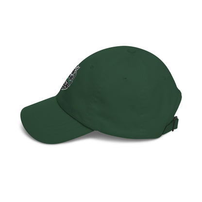 Dark green dad cap with soccer crest patch and curved brim, side view.