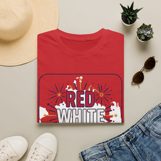 Red crewneck T-shirt with fireworks graphic reading "RED WHITE"