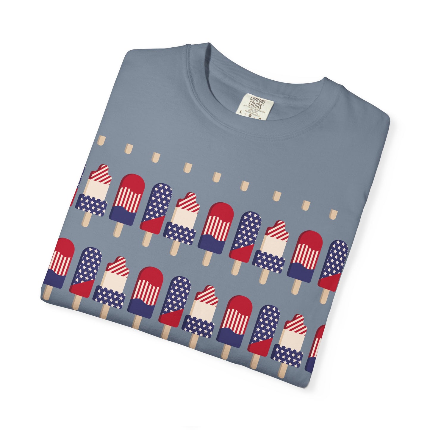 Light blue T-shirt with rows of American flag popsicle graphic