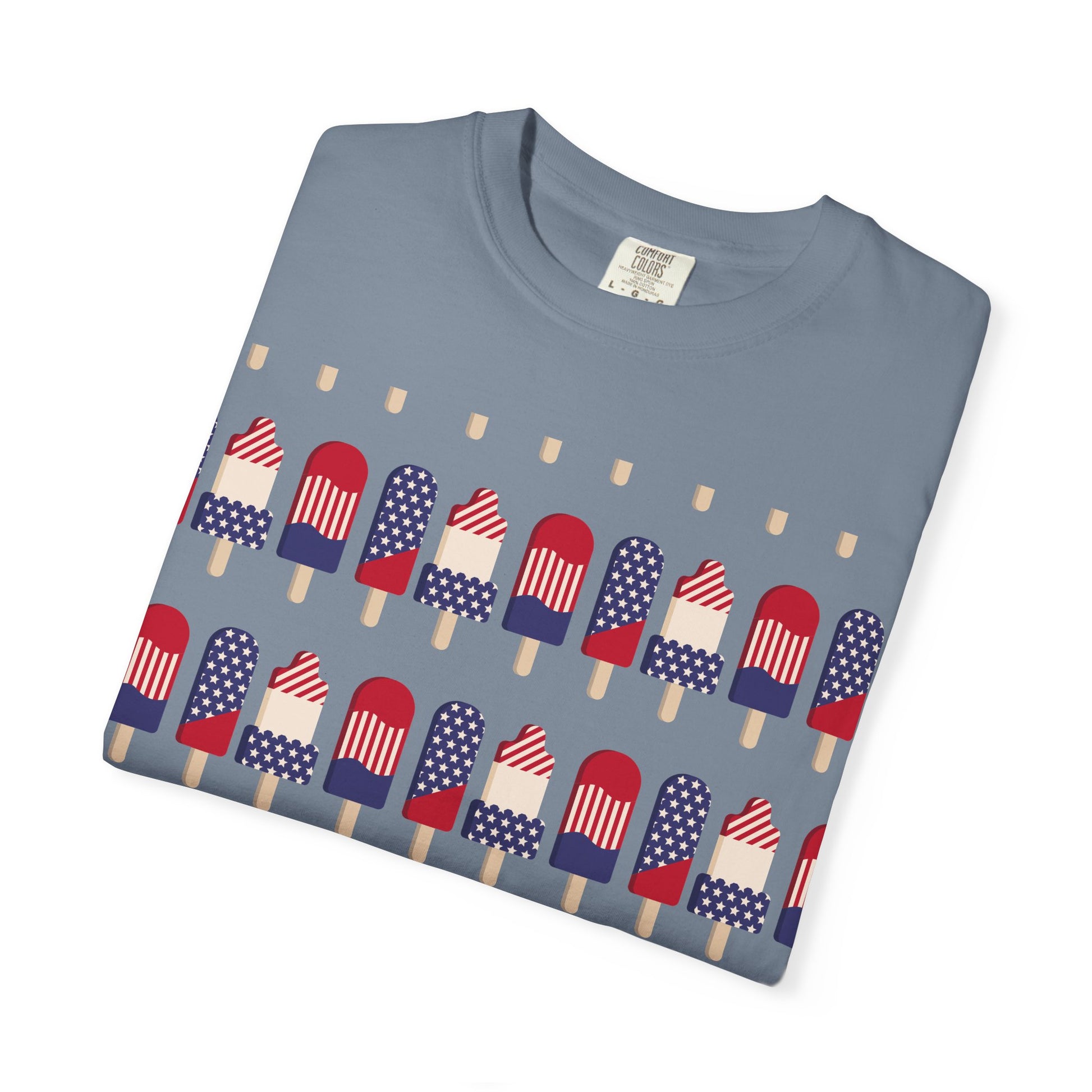 Light blue T-shirt with rows of American flag popsicle graphic
