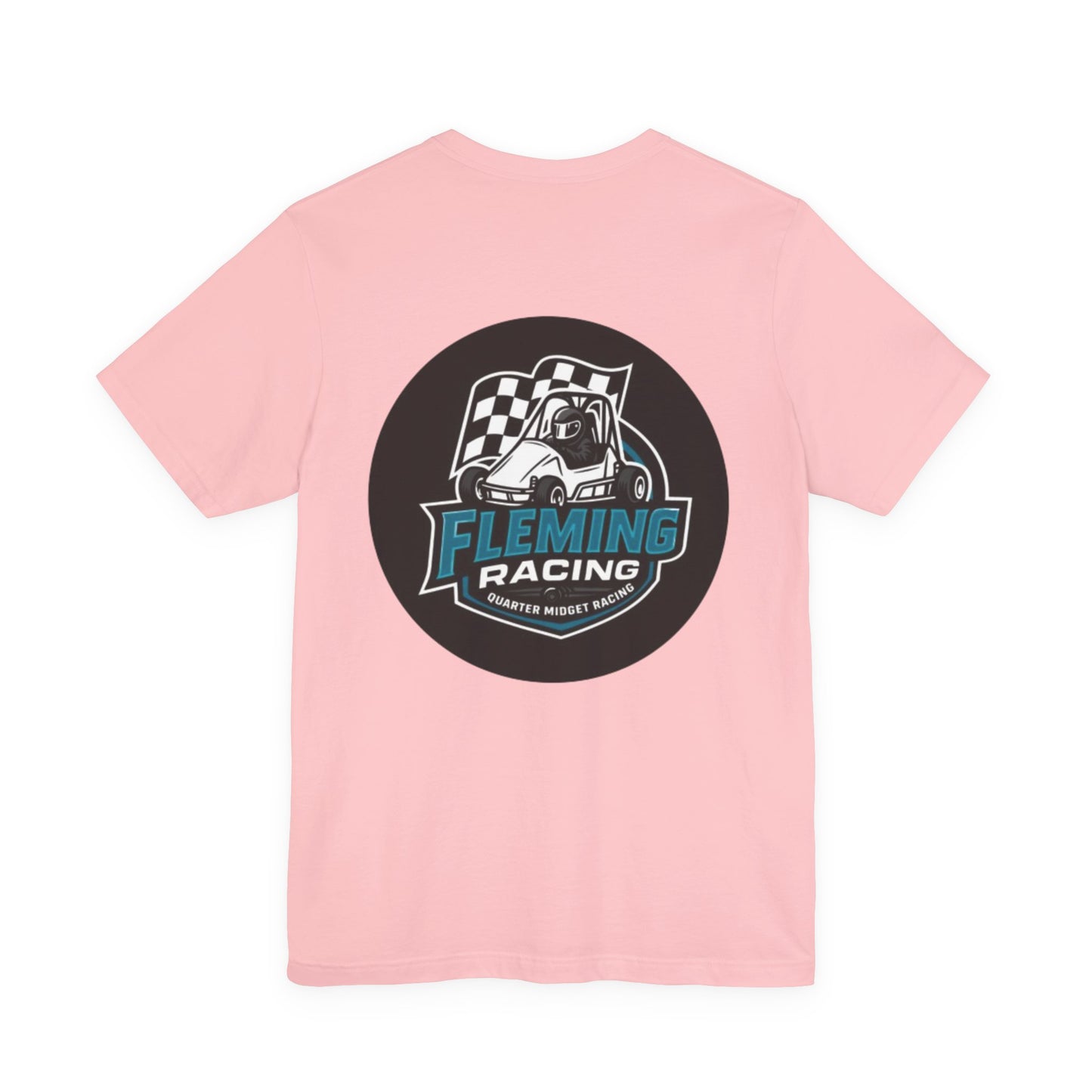 Fleming Racing logo T-shirt, light pink crewneck with large circular race car emblem