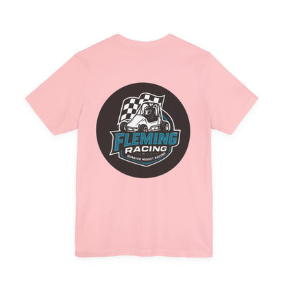 Fleming Racing logo T-shirt, light pink crewneck with large circular race car emblem