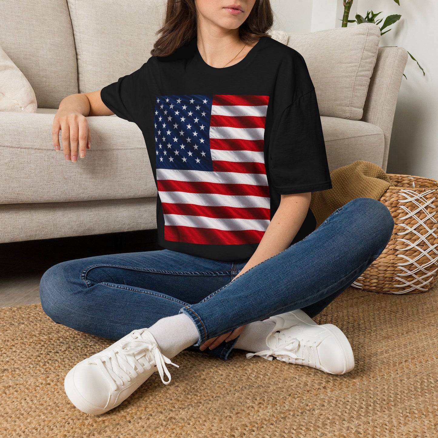 Black T-shirt with American flag graphic on the front, crew neck short sleeves