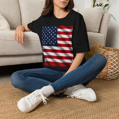 Black T-shirt with American flag graphic on the front, crew neck short sleeves