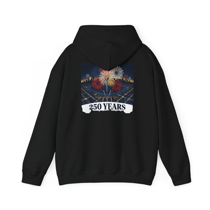 Black pullover hoodie with fireworks “250 years” graphic on the back