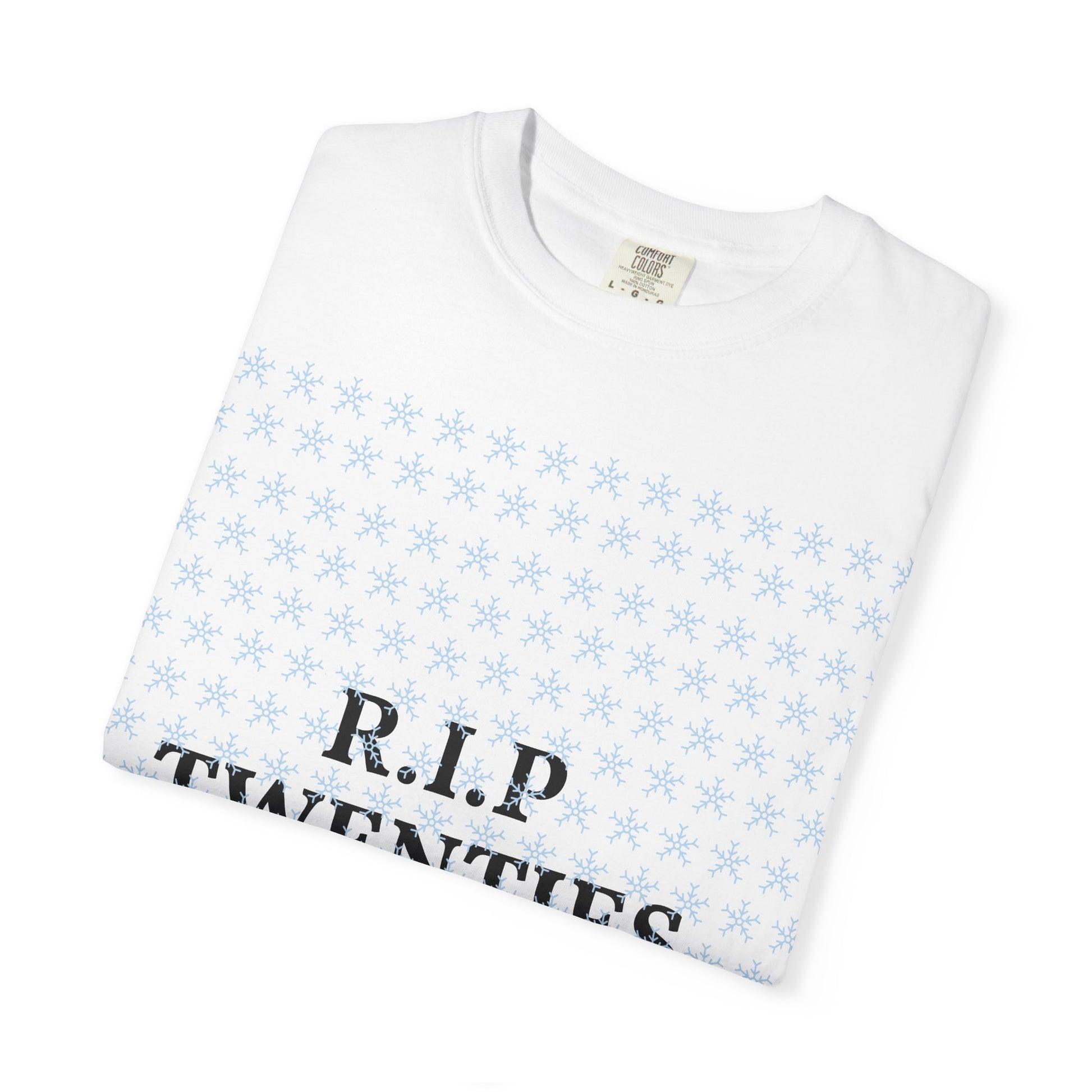 White unisex garment-dyed T-shirt with light-blue snowflake print and 'R.I.P'