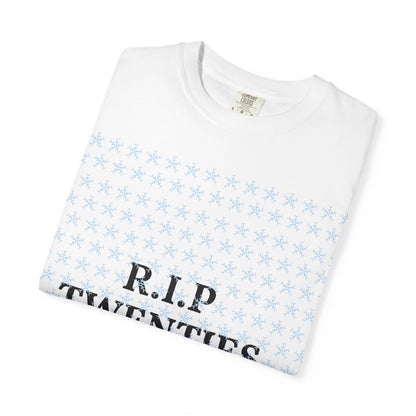 White unisex garment-dyed T-shirt with light-blue snowflake print and 'R.I.P'