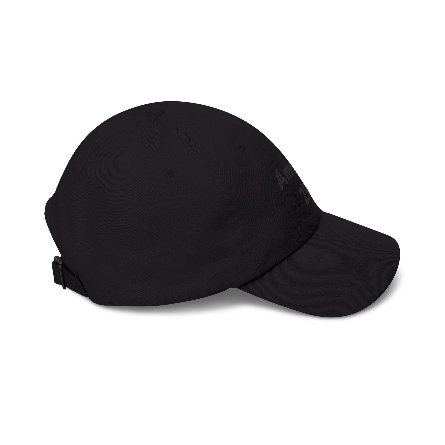 Black dad cap, low-profile dome with curved brim and adjustable strap