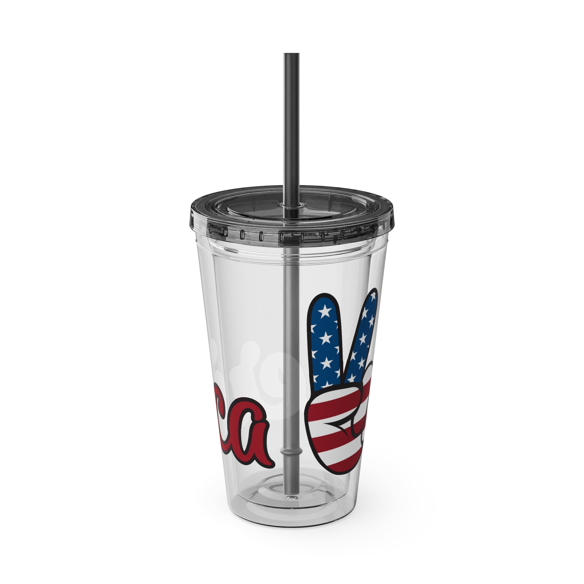 Clear 16oz tumbler with white straw and blue/red peace sign graphic