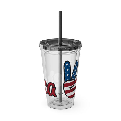 Clear 16oz tumbler with white straw and blue/red peace sign graphic